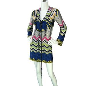 Analili Dress Womens XS Chevron Print Long Sleeve V Neck Mini Boho Made in USA